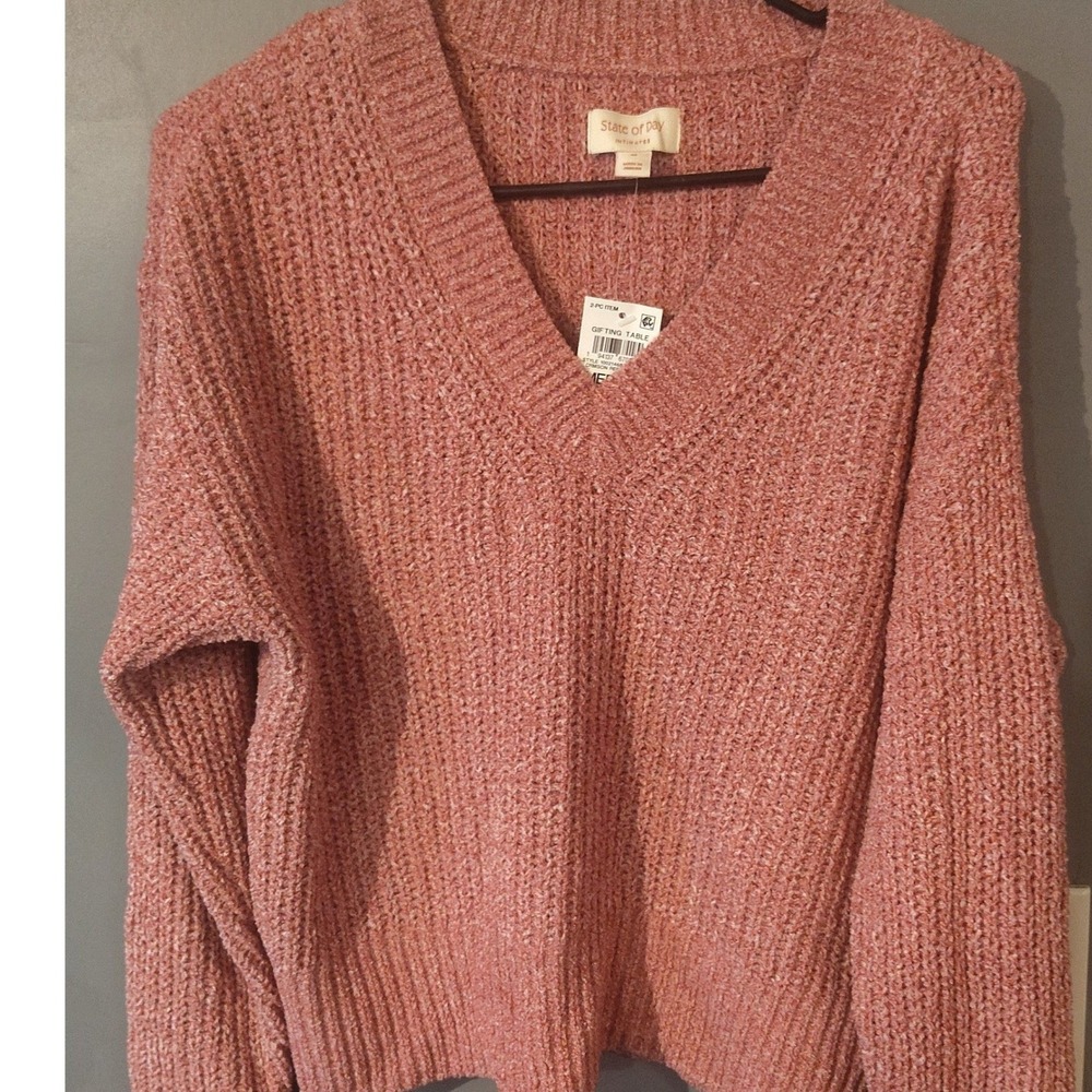 State of Day Intimates Crimson Red Marl V-Neck Shaker Knit Sweater Medium NWT